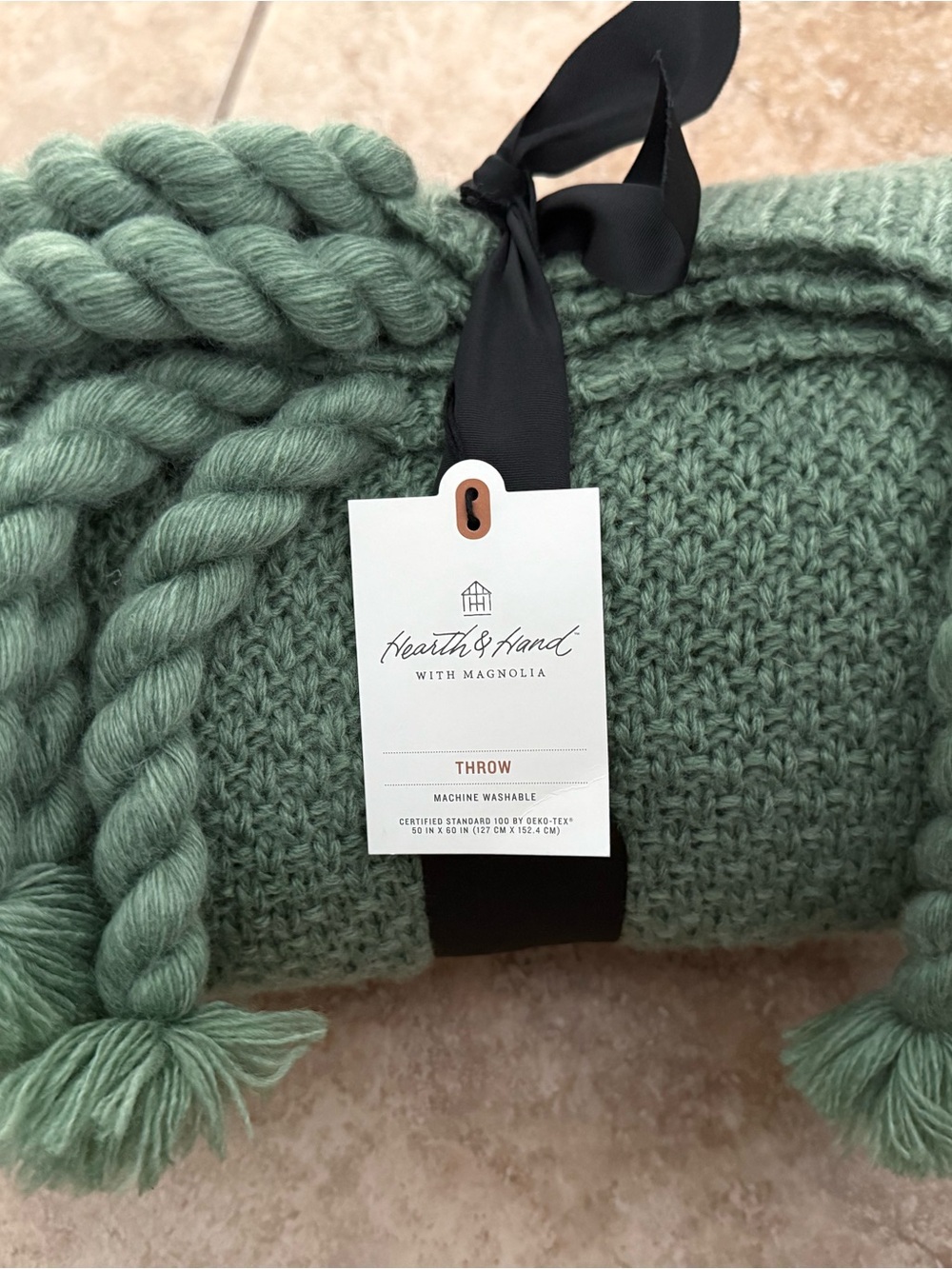 Hearth & Hand Sage Green Knit Throw with Braided Tassels